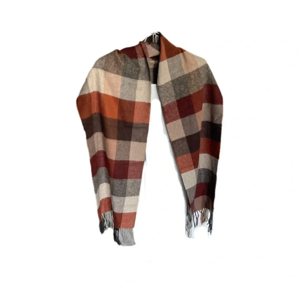 V Fraas Plaid Multicolor Scarf With Fringe 100% Acrylic Made In Germany